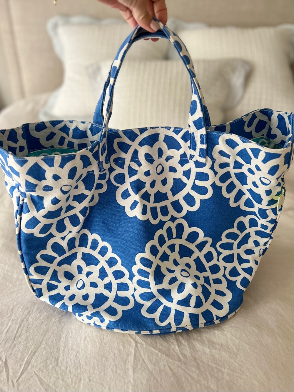 Blue & White Floral Print Canvas Tote Bag